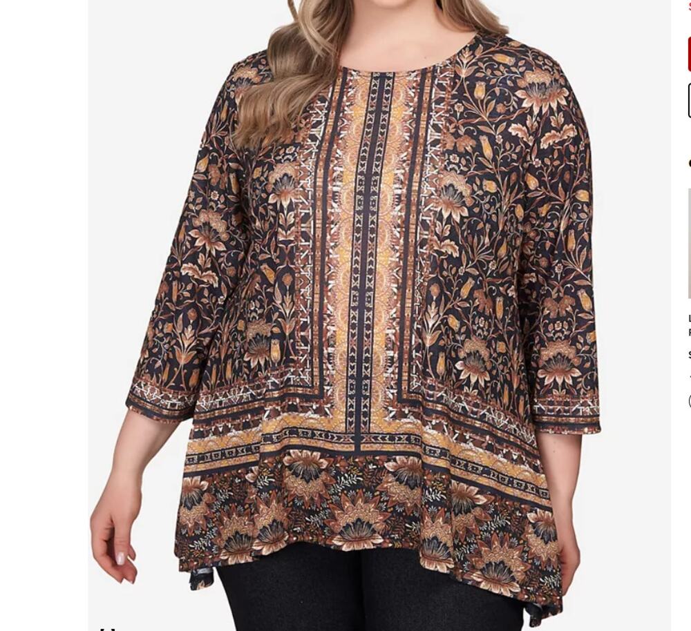 Ruby Rd 3/4 Sleeve Tunic Blouse Women's 1X Brown Floral Filigree Flowy Geometric